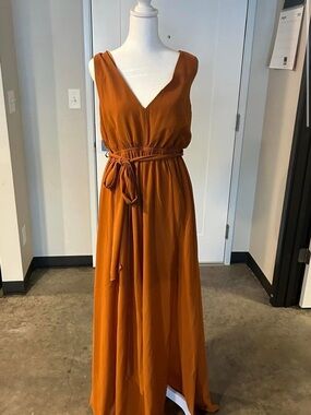 Baltic Born Rust Orange V-Neck Sleeveless Maxi Dress with Waist Tie